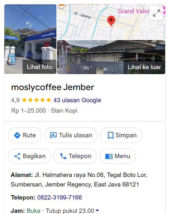 Lokasi Mosly Coffee Jember di Google